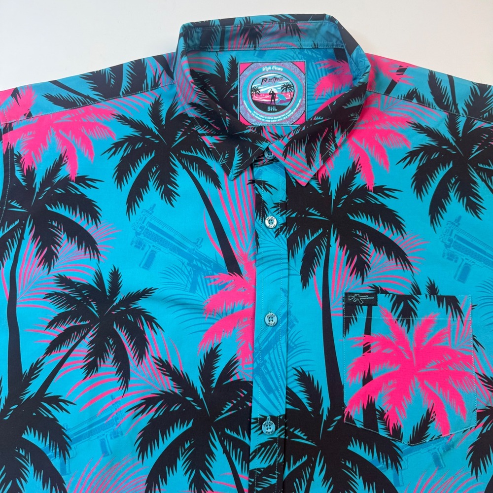 Retro Rifle Button Down Shirt Mens 3XL Teal Pink Palm Tree High Crown Stretch